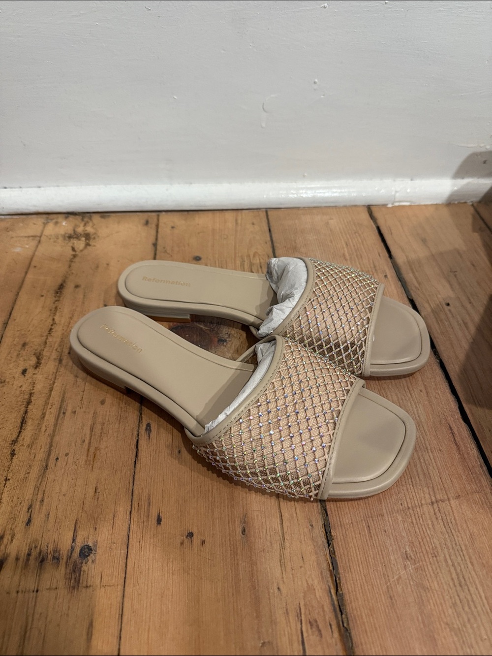 Reformation Eliza Flat Sandal Fawn Rhinestone Mesh - Size 7.5